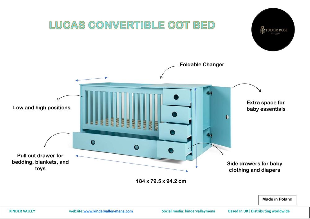 كيندر فالي - سرير أطفال تيودور روز روبي 4 في 1 فاخر