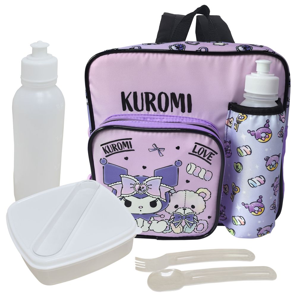 Kuromi - Kids Backpack With Water Bottle, Lunch Box, Fork & Spoon - 4 Pcs - 11-Inch