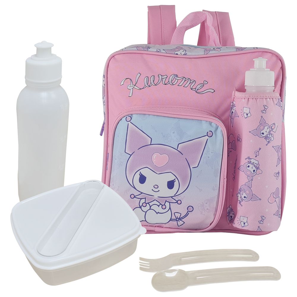 Kuromi - Kids Backpack With Water Bottle, Lunch Box, Fork & Spoon - 4 Pcs - Pink - 11-Inch