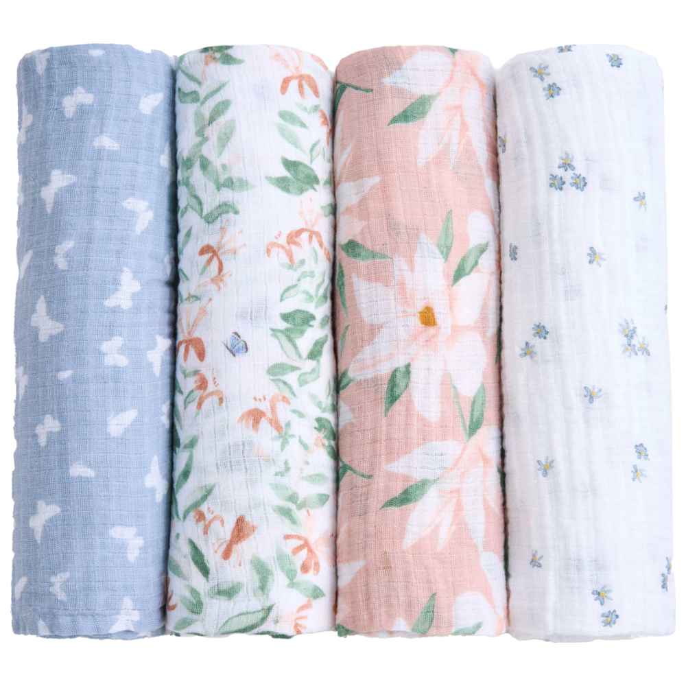 Aden + Anais - Essentials Cotton Muslin Swaddle Blanket - Butterfly Garden - Pack of 4