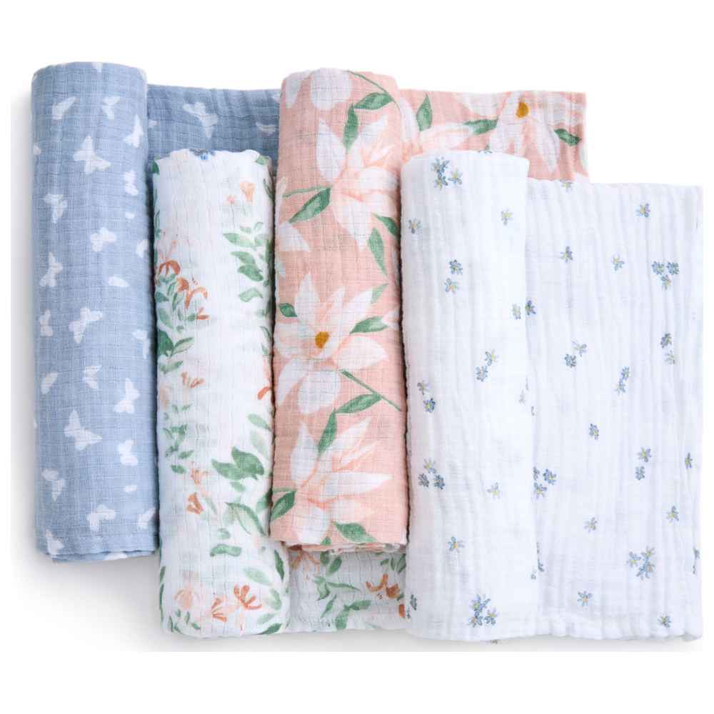 Aden + Anais - Essentials Cotton Muslin Swaddle Blanket - Butterfly Garden - Pack of 4