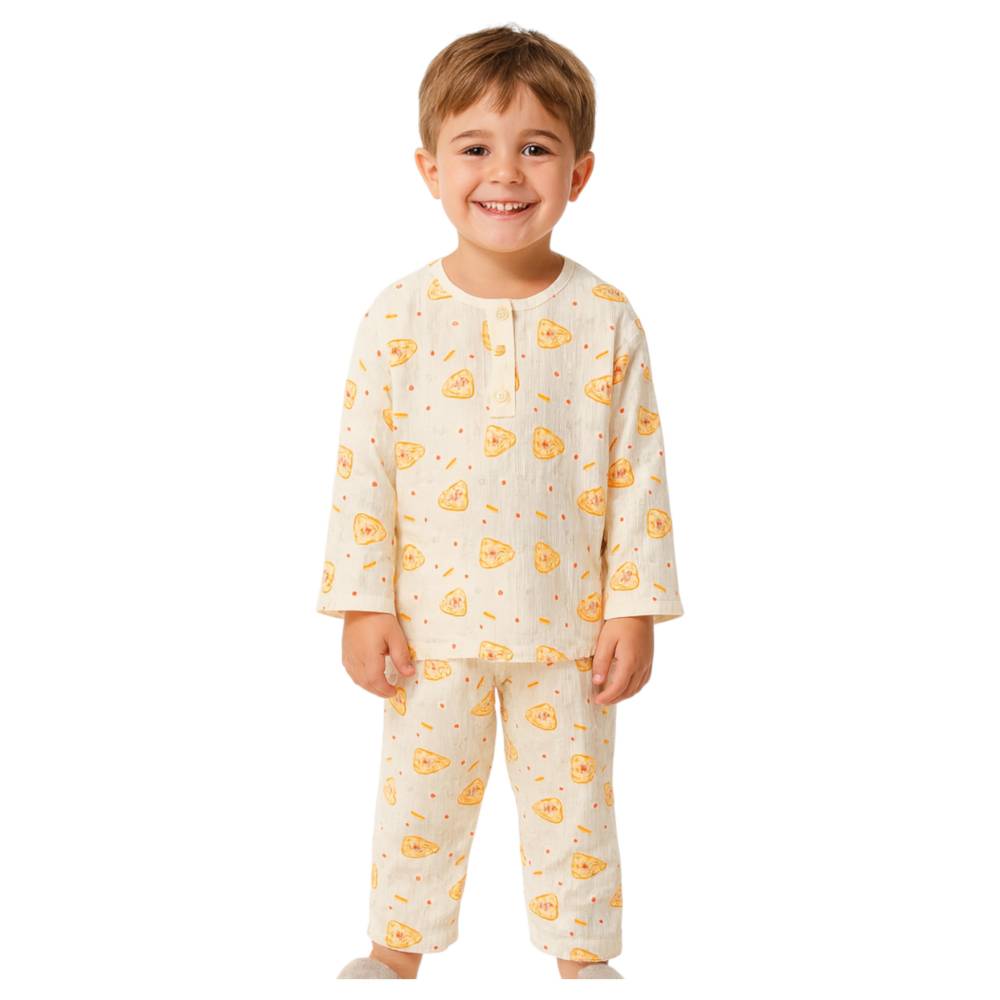 Victor And Jane - 2pc-Set - Boy's Pizza Printed Pyjama Top & Pants - Beige/Yellow