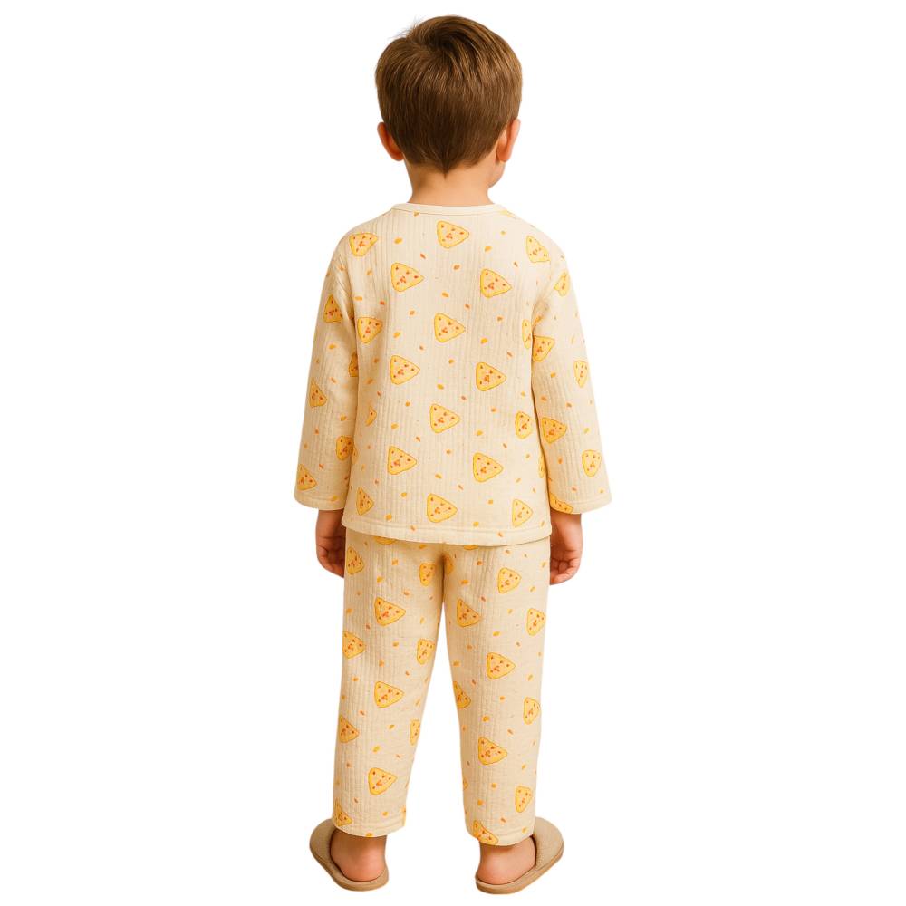 Victor And Jane - 2pc-Set - Boy's Pizza Printed Pyjama Top & Pants - Beige/Yellow