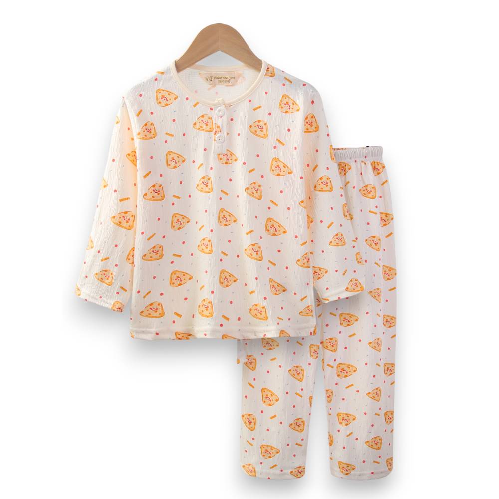 Victor And Jane - 2pc-Set - Boy's Pizza Printed Pyjama Top & Pants - Beige/Yellow