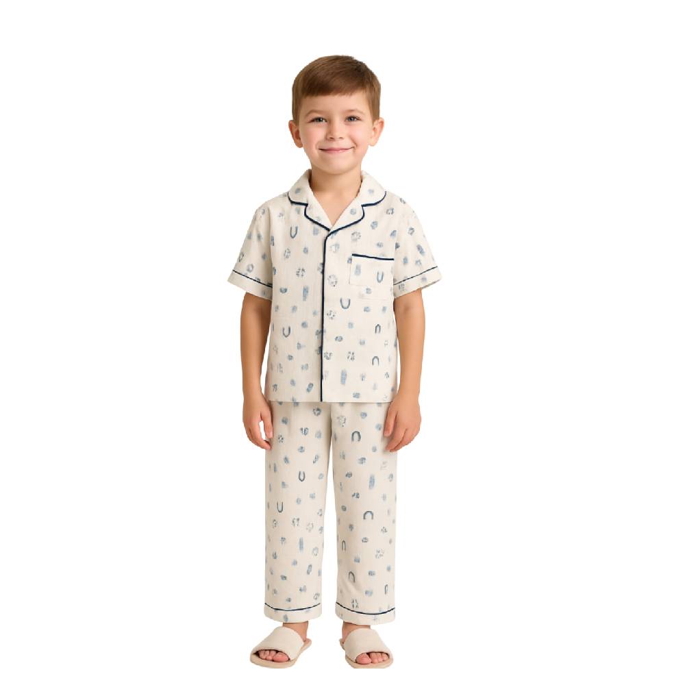 Victor And Jane - 2pc-Set - Boy's Geometric Print Pyjama Top & Pants - White/Blue