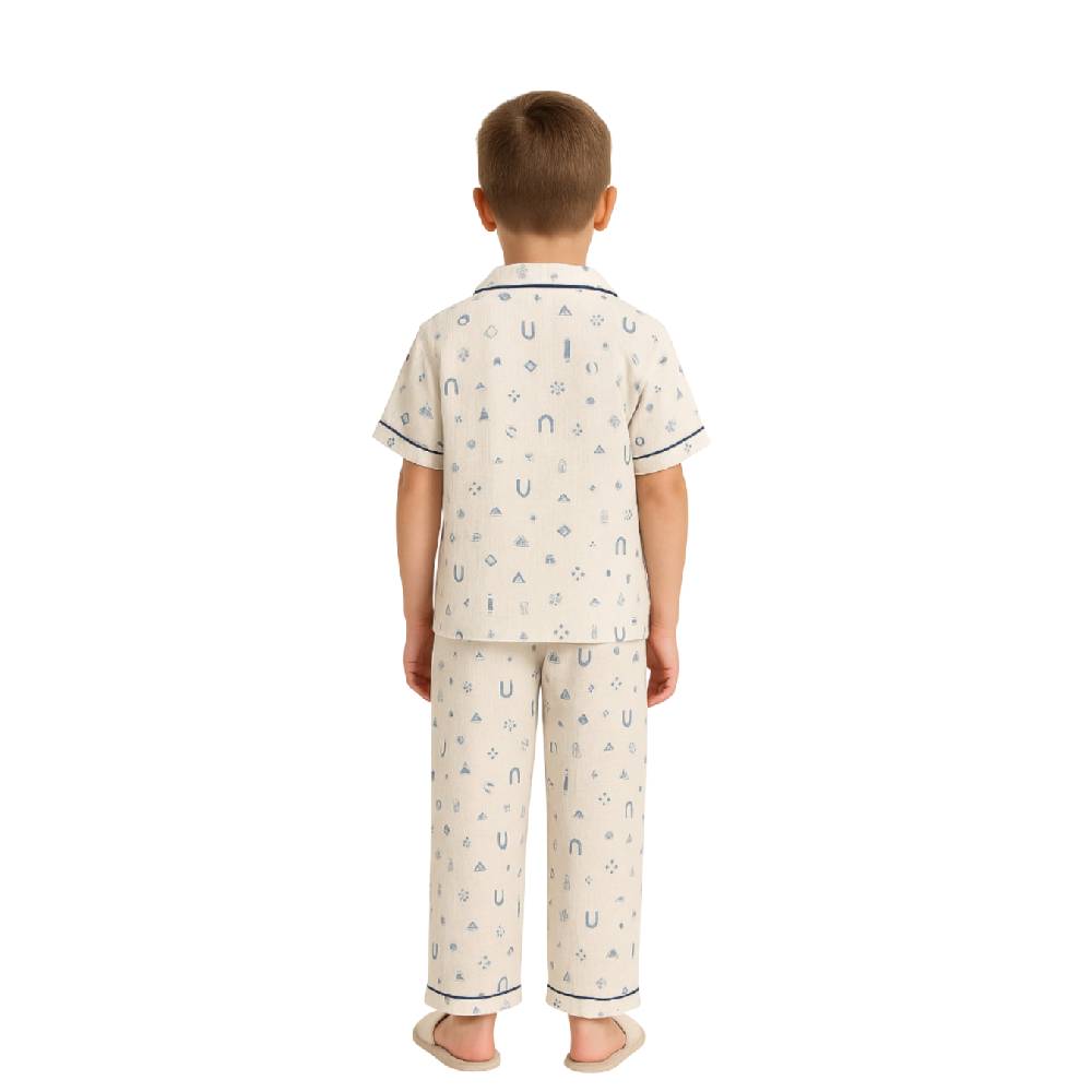 Victor And Jane - 2pc-Set - Boy's Geometric Print Pyjama Top & Pants - White/Blue