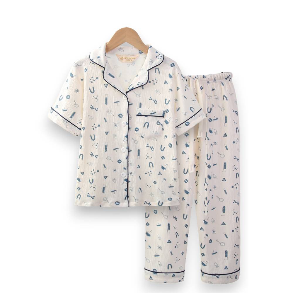 Victor And Jane - 2pc-Set - Boy's Geometric Print Pyjama Top & Pants - White/Blue