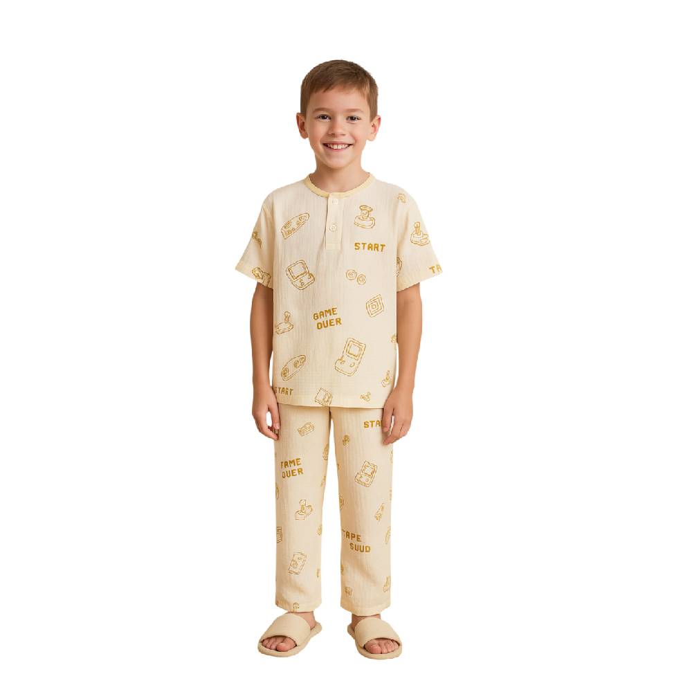 Victor And Jane - 2pc-Set - Boy's Game Over Printed Pyjama Top & Pants - Beige