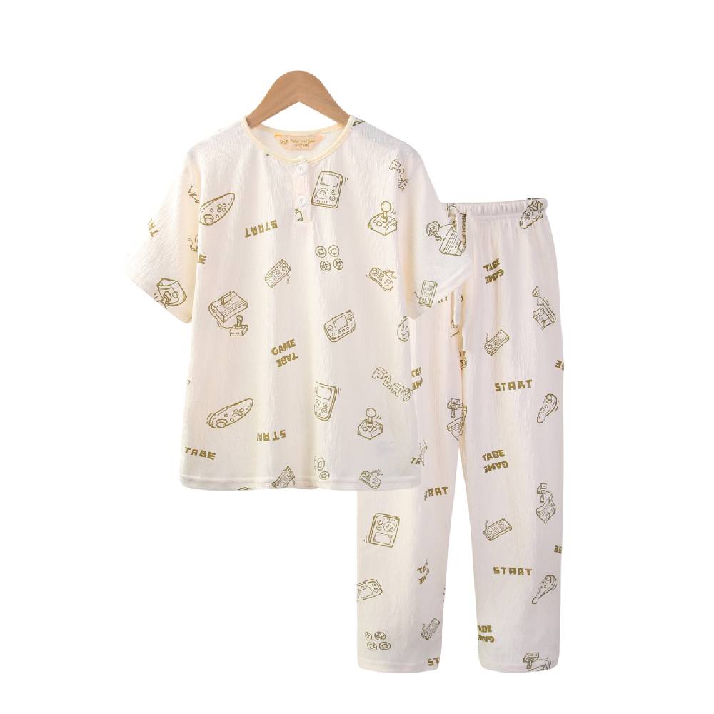 Victor And Jane - 2pc-Set - Boy's Game Over Printed Pyjama Top & Pants - Beige