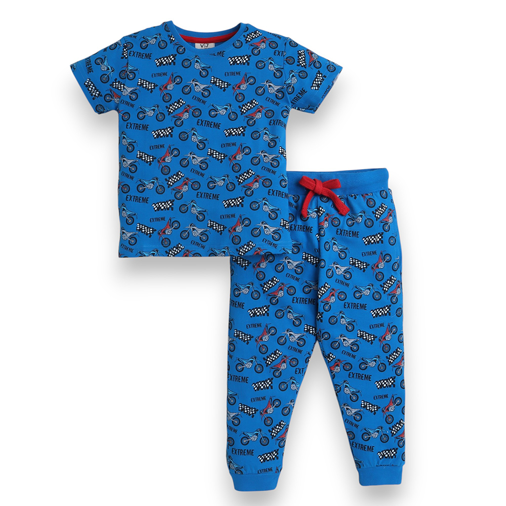 Victor And Jane - 2pc-Set - Boy's All-Over Print Pyjama T-Shirt & Pants - Blue