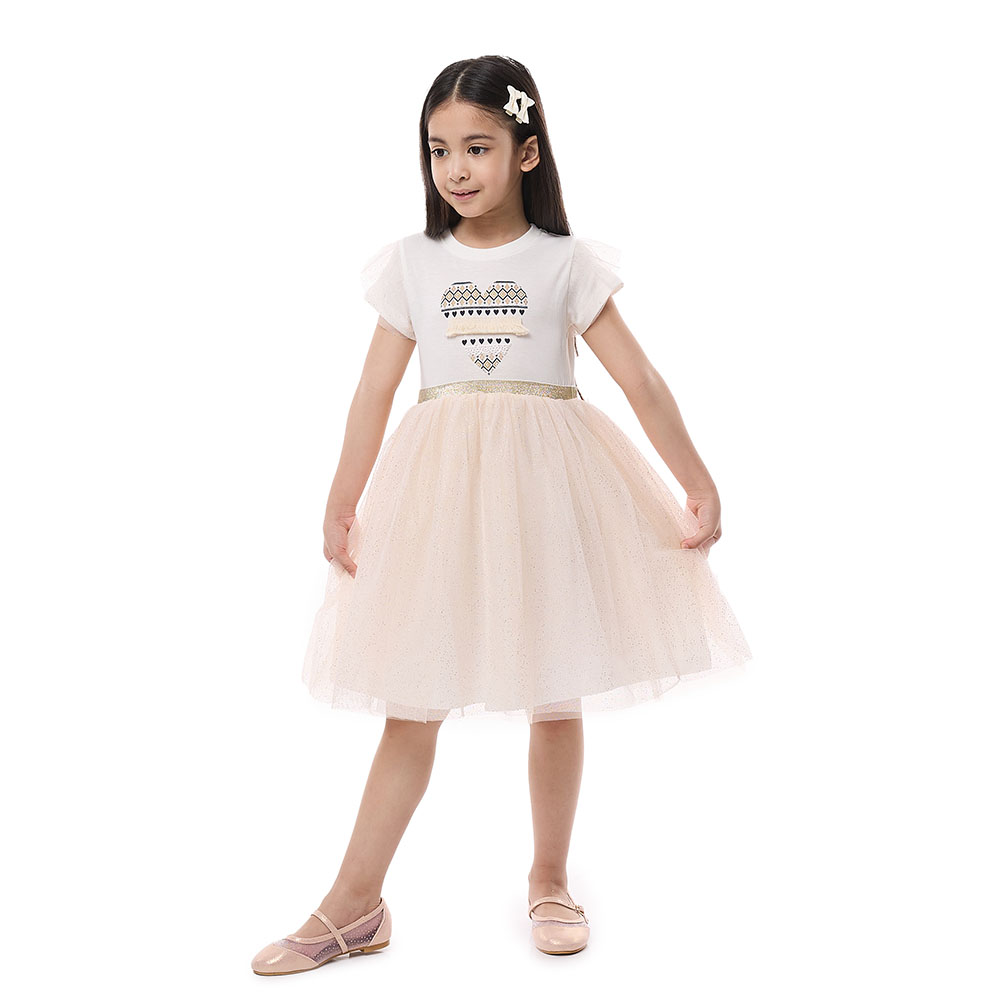 فيكتور آند جين - فستان حفلات بأكمام كشكش وتفاصيل شبكية للبنات - أوف وايت/بيج 