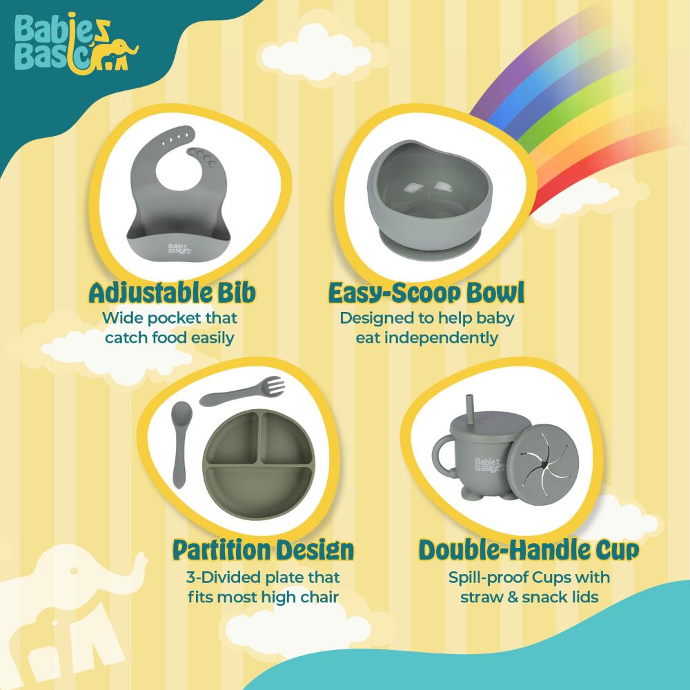 Babies Basic - Silicone Plate, Bowl, Cup,Spoon & Fork Set - 6pcs - Grey