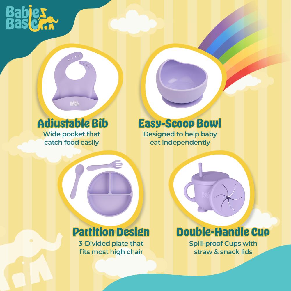Babies Basic - Silicone Plate, Bowl, Cup,Spoon & Fork Set - 6pcs - Purple