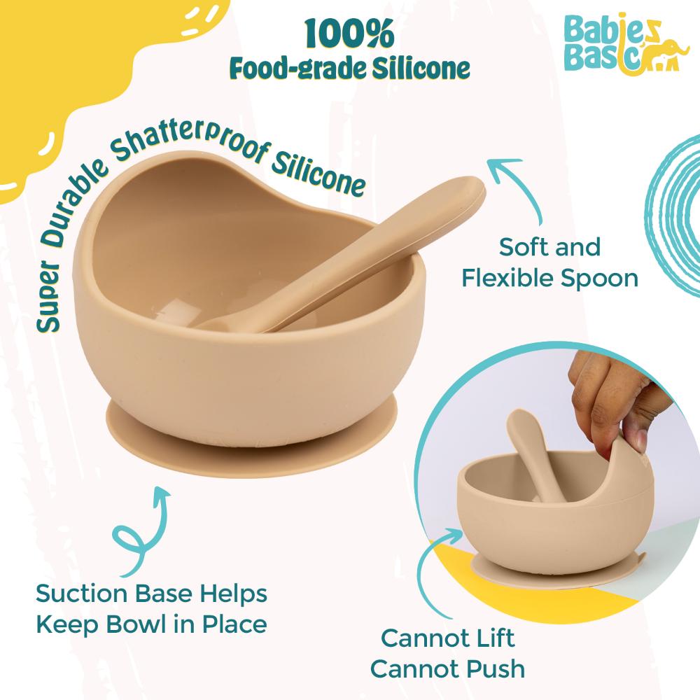 Babies Basic Silicone Bowl & Spoon Feeding Set - 2pcs - Beige