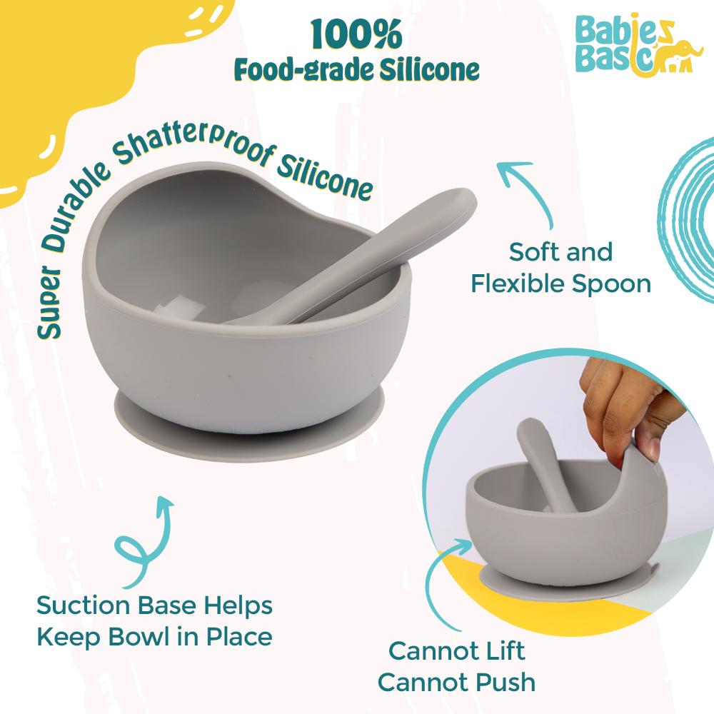 Babies Basic Silicone Bowl & Spoon Feeding Set - 2pcs - Grey