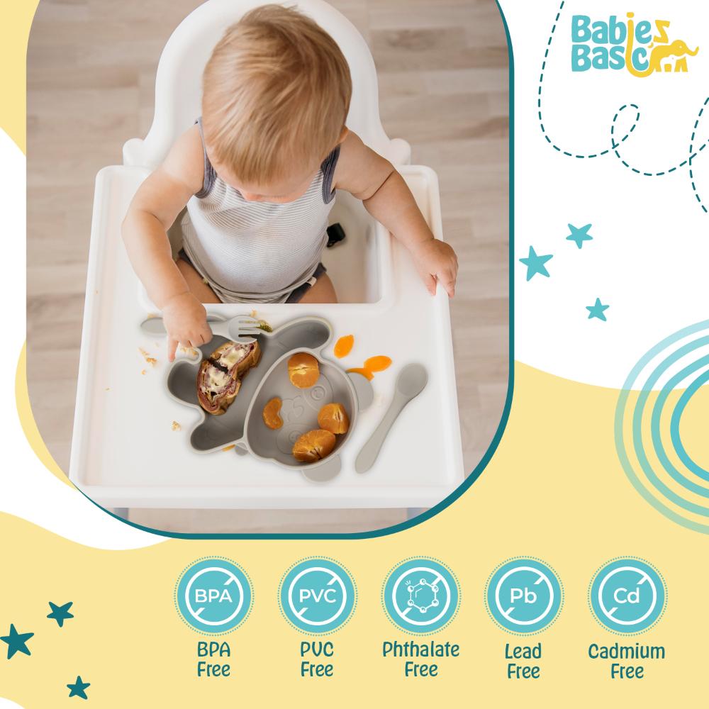 Babies Basic - Panda Shape Silicone Suction Plate With Spoon And Fork - Grey