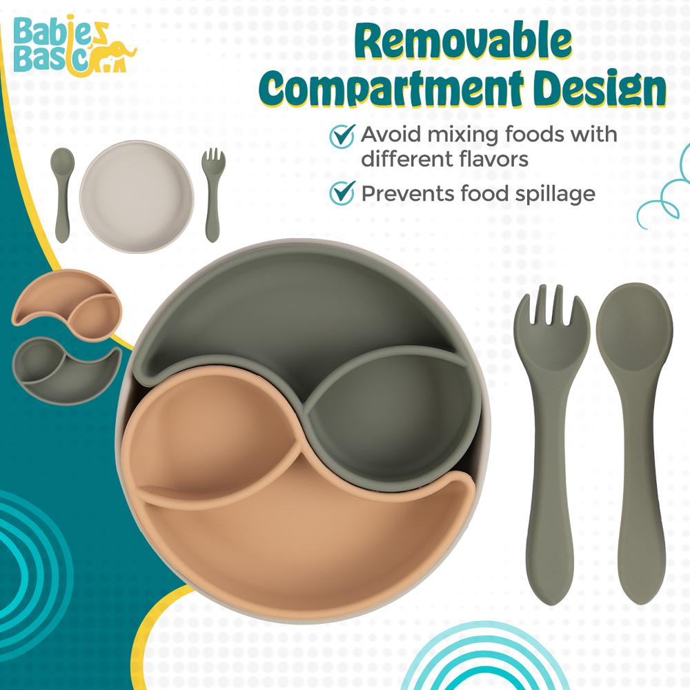 بيبيز بيسك - مجموعة أدوات طعام بأقسام قابلة للإزالة - كريمي ورمادي - 3 قطع