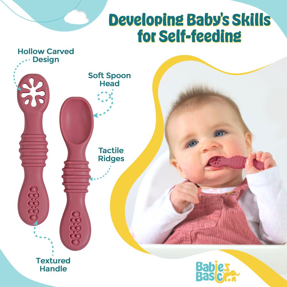 Babies Basic First Stage Training Spoon & Masher Set - Dusty Pink - 2 Pcs