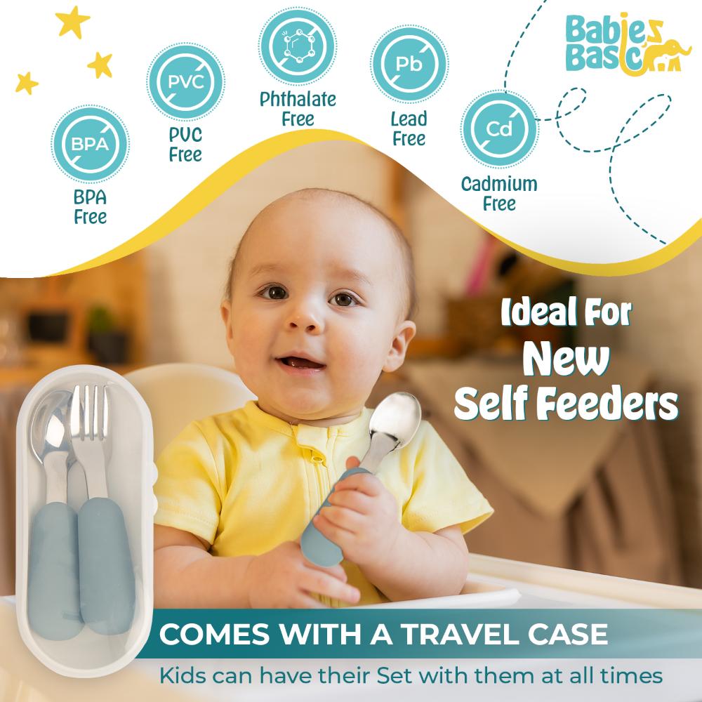 Babies Basic Stainless Steel Spoon & Fork Cutlery Set - 2pcs - Indigo