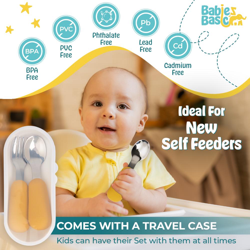 بيبيز بيسك - طقم ملعقة وشوكة ستانلس ستيل - قطعتان - أصفر