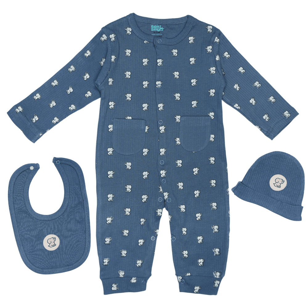 Babies Basic - Ribbed Cotton Set With Sleepsuit/Romper Cap And Bib - Blue