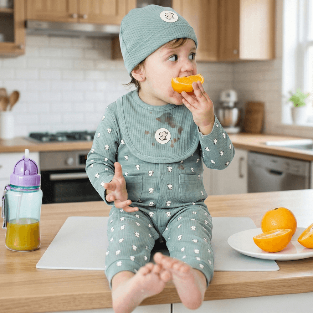 Babies Basic - Ribbed Cotton Set With Sleepsuit/Romper Cap And Bib - Green