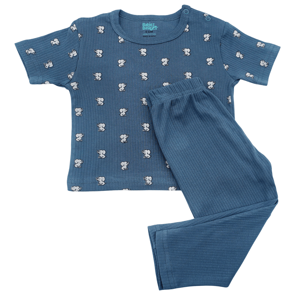 Babies Basic - Ribbed Cotton Printed Short Sleeves T-Shirt And Pyjama Set