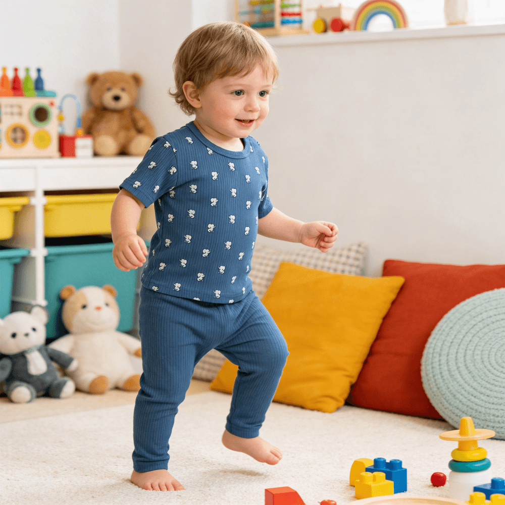 Babies Basic - Ribbed Cotton Printed Short Sleeves T-Shirt And Pyjama Set