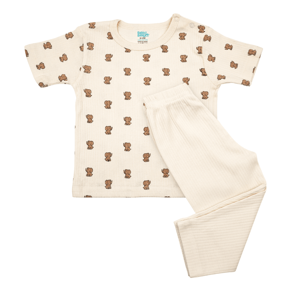 Babies Basic - Ribbed Cotton Printed Short Sleeves T-Shirt and Pyjama Set