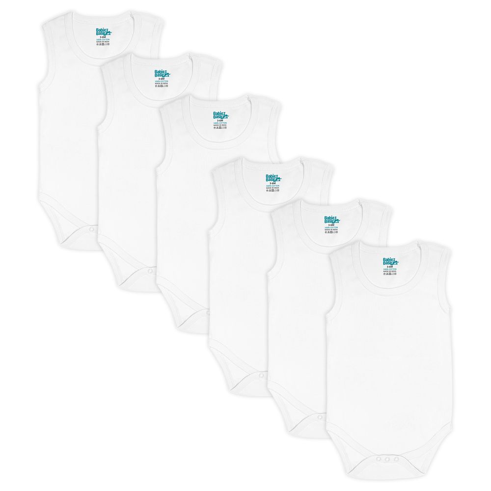 Babies Basic - 6pc-Set - 100% Cotton Sleeveless Bodysuit - White