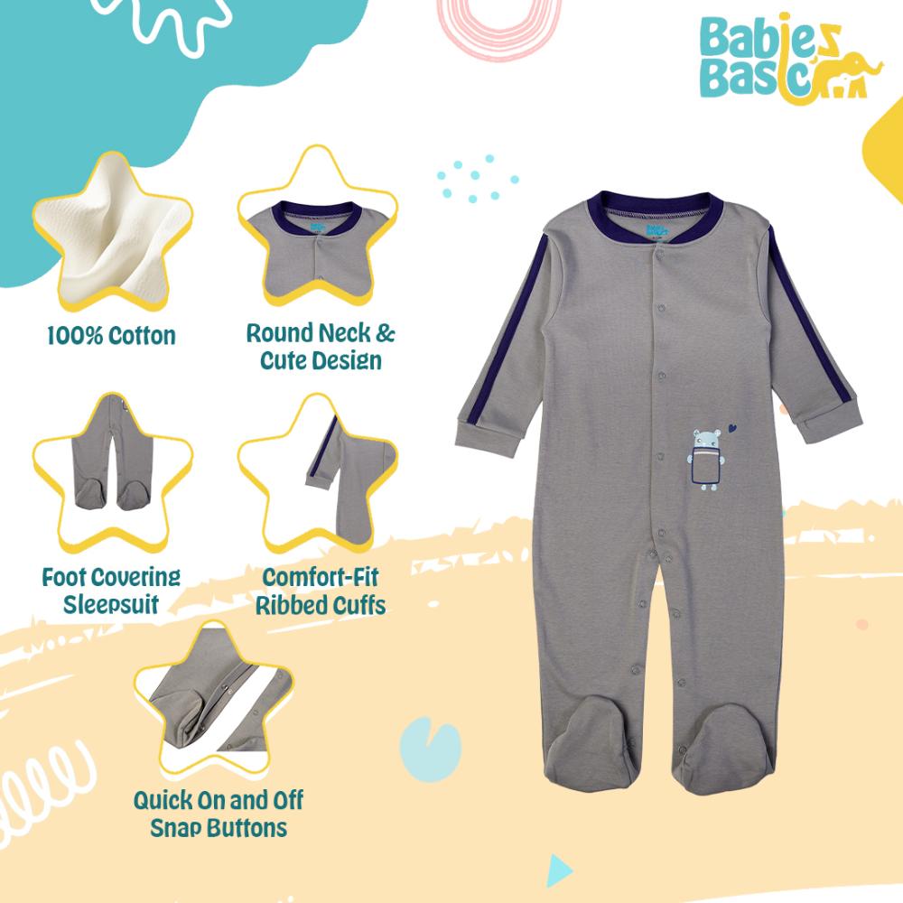 Babies Basic - Printed Long Sleeves Romper/Sleepsuit - Grey/Black