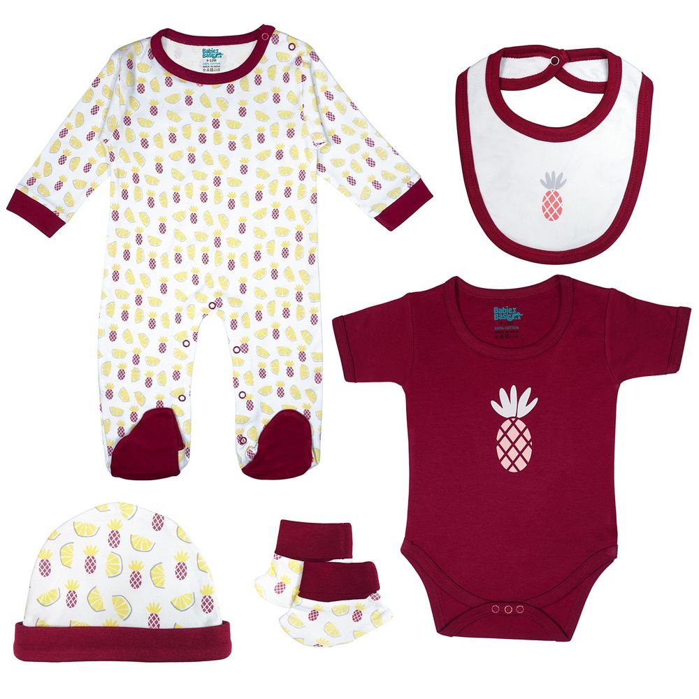 بيبيز بيسك - طقم ملابس قطن للأطفال - 5 قطع - كستنائي