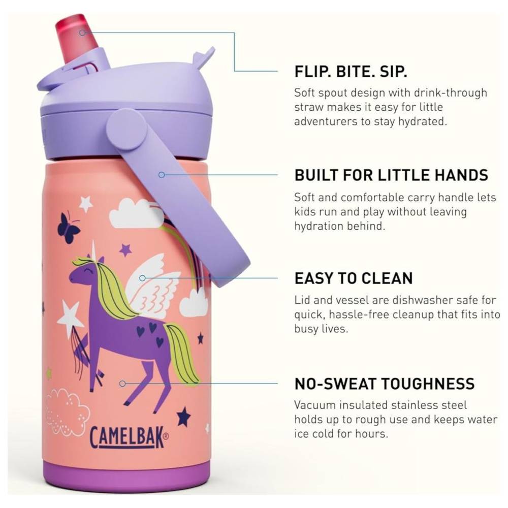 كاميل باك - زمزمية أطفال ثرايف ستانلس ستيل بمصاصة قابلة للقلب - يونيكورن سحري - 350 مل
