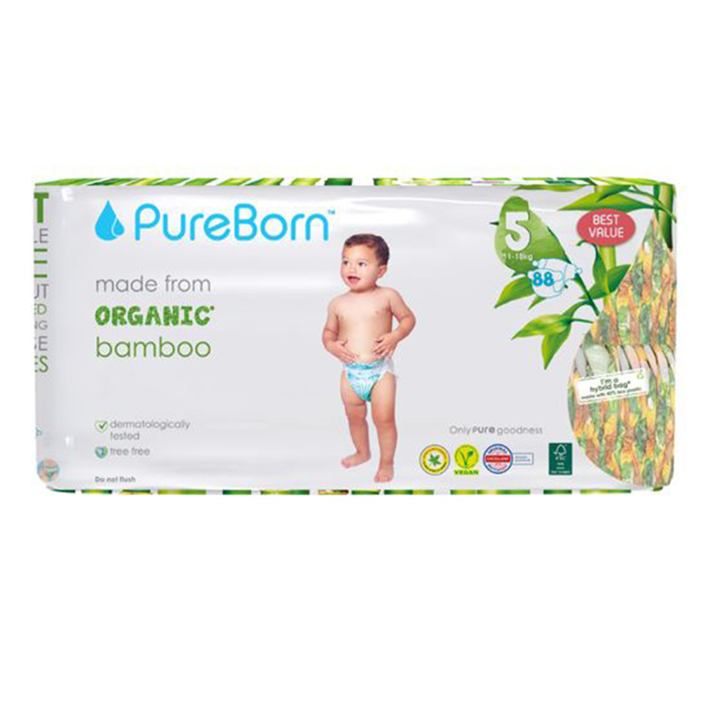 Pureborn - Organic Nappies - Size 5 - XL - 11-18 kg - 88 Count