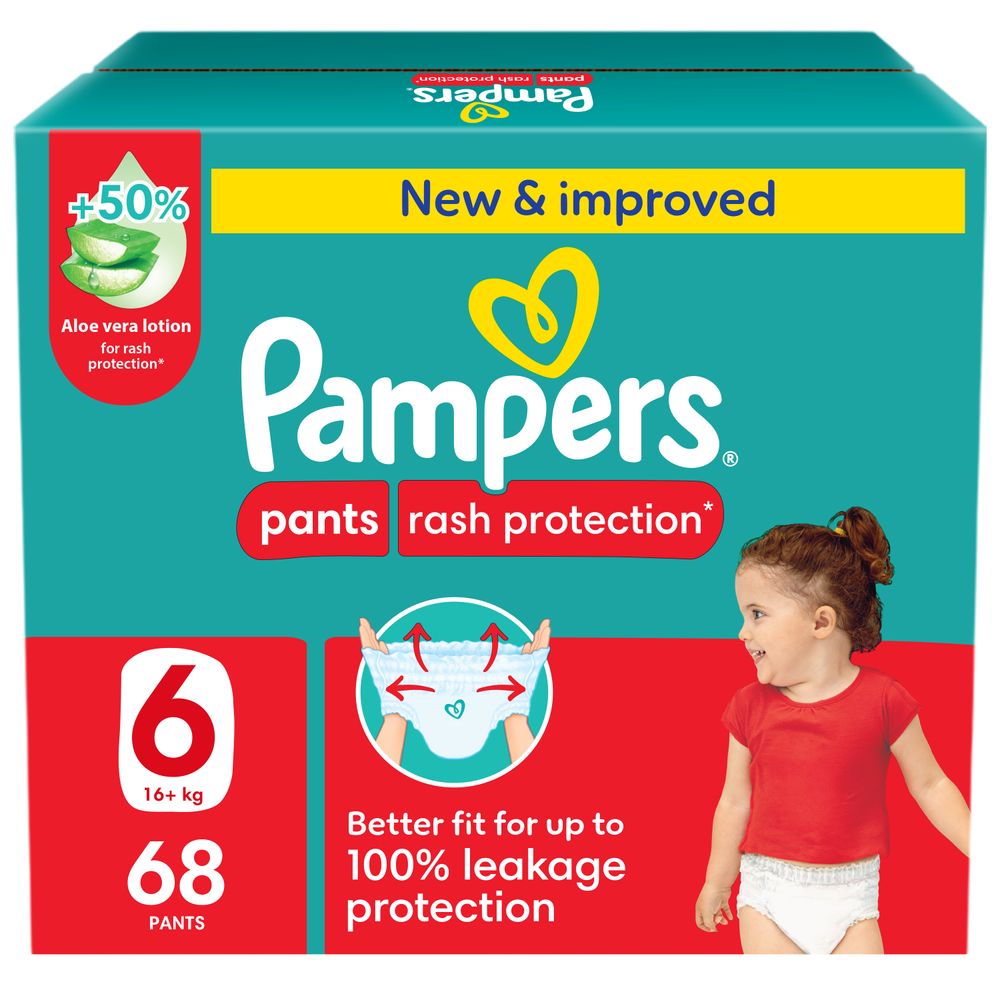 Pampers Rash Protection Diapers Pants With Aloe Vera - Size 6 - 16-21kg - 68 Pcs
