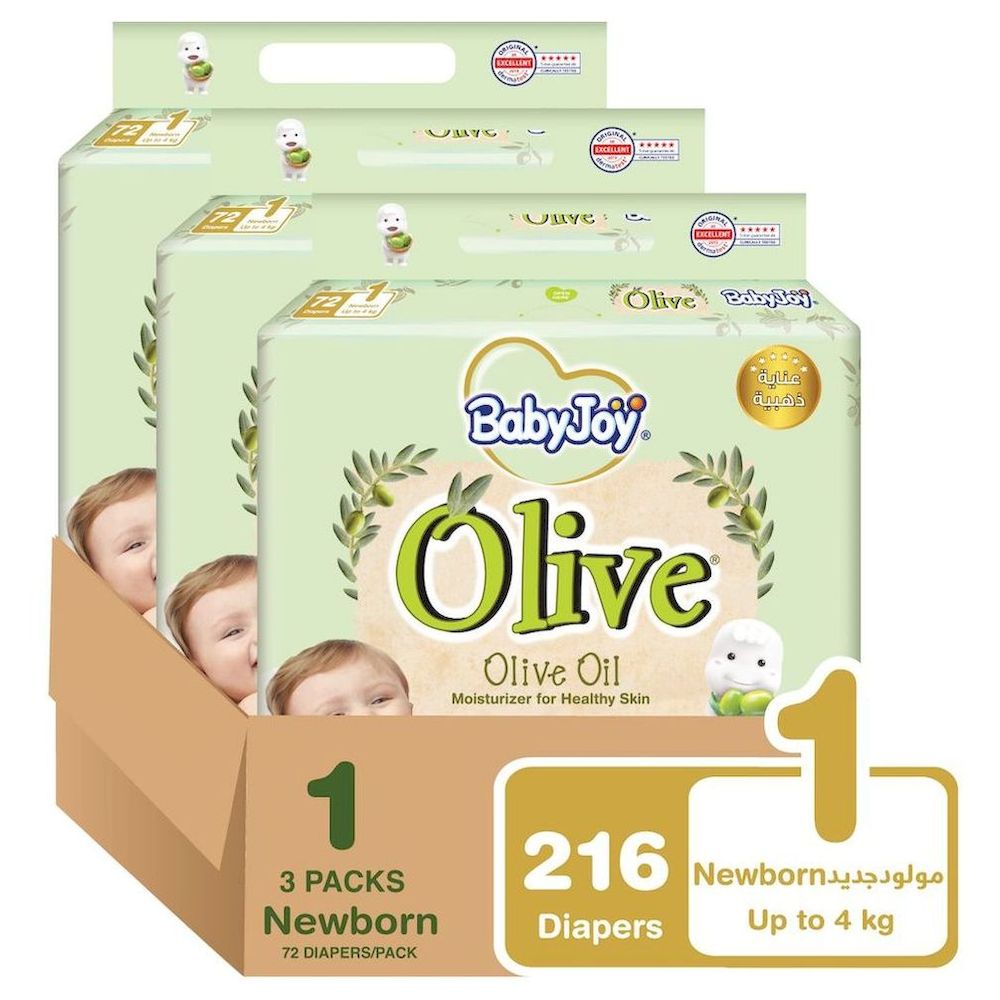 BabyJoy - Olive Tape Diapers - Size 1 Newborn - 0-4 Kg - 216 Count