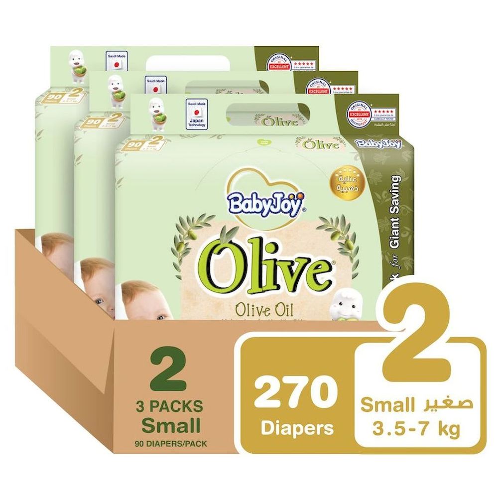 بيبي جوي - حفاضات بزيت الزيتون بشريط بلاصق - حجم 2 صغير - 3.5-7 كلغ - 270 حفاض