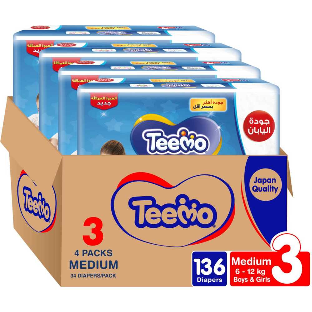 Teemo - Baby Diapers - Jumbo Box - Size 3 - Medium - 6-12 kg - 136 Count