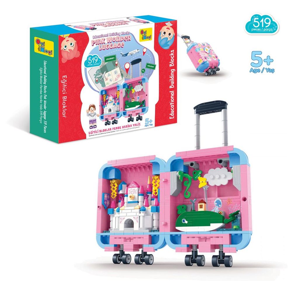 أوجي موجي - مكعبات تركيب تعليمية - شنطة سفر وردية - 519 قطعة