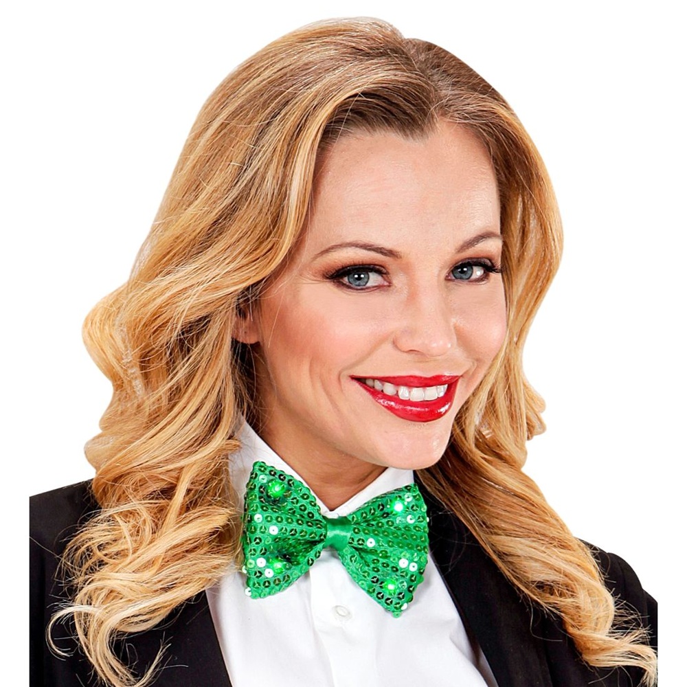 Widmann - Adjustable Sequin Bow Tie With 4 Flashing LED Light - Green