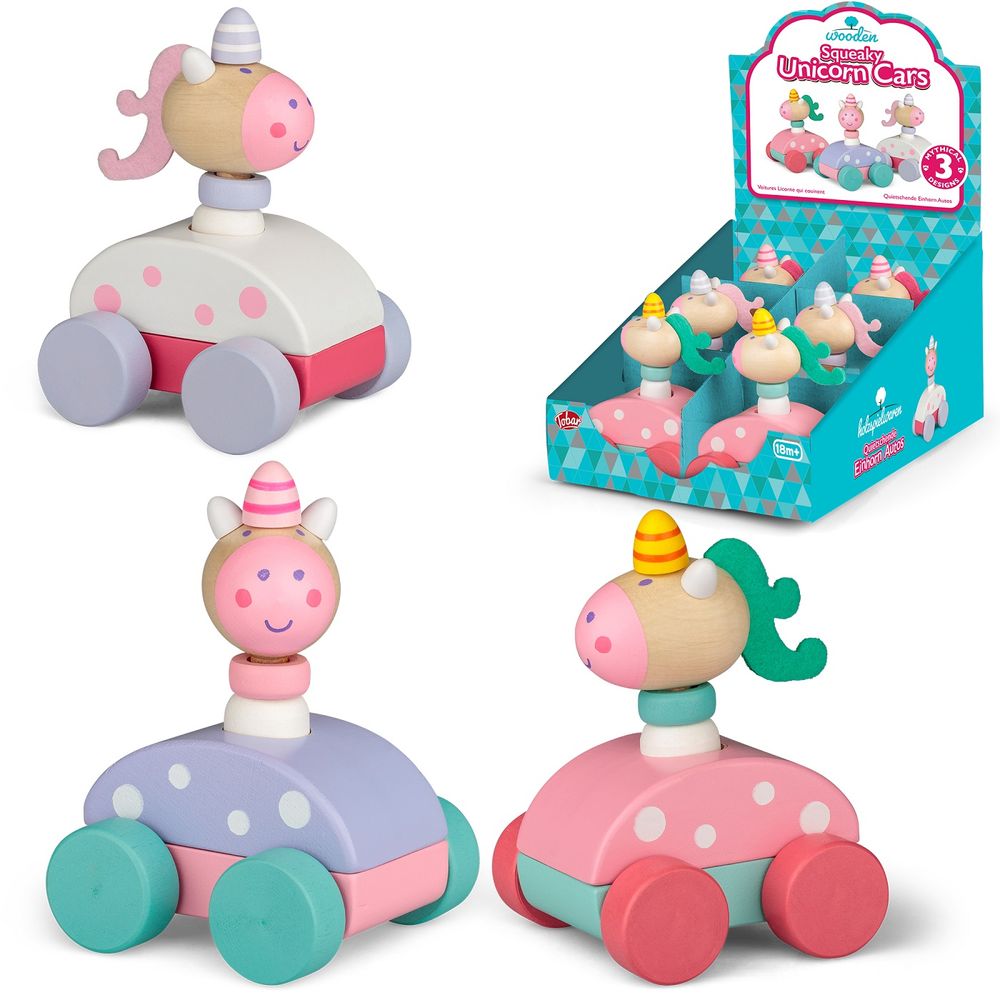 Tobar - Wooden Painted Squeaky Unicorn Toy Car - Style May Vary - 1 Pc