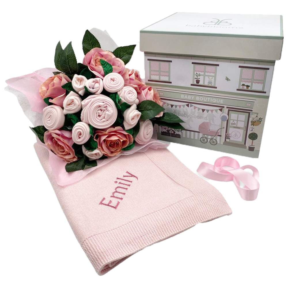 Babyblooms - 9pc-Set - Luxury Rose Baby Clothes Bouquet & Personalised Baby Blanket - Pink