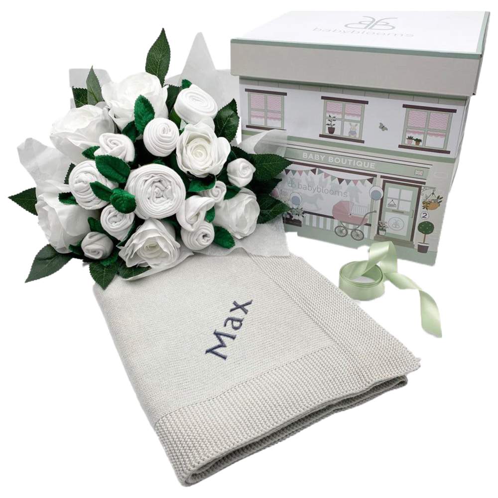 Babyblooms - 9pc-Set - Luxury Rose Baby Clothes Bouquet & Personalised Baby Blanket - Grey