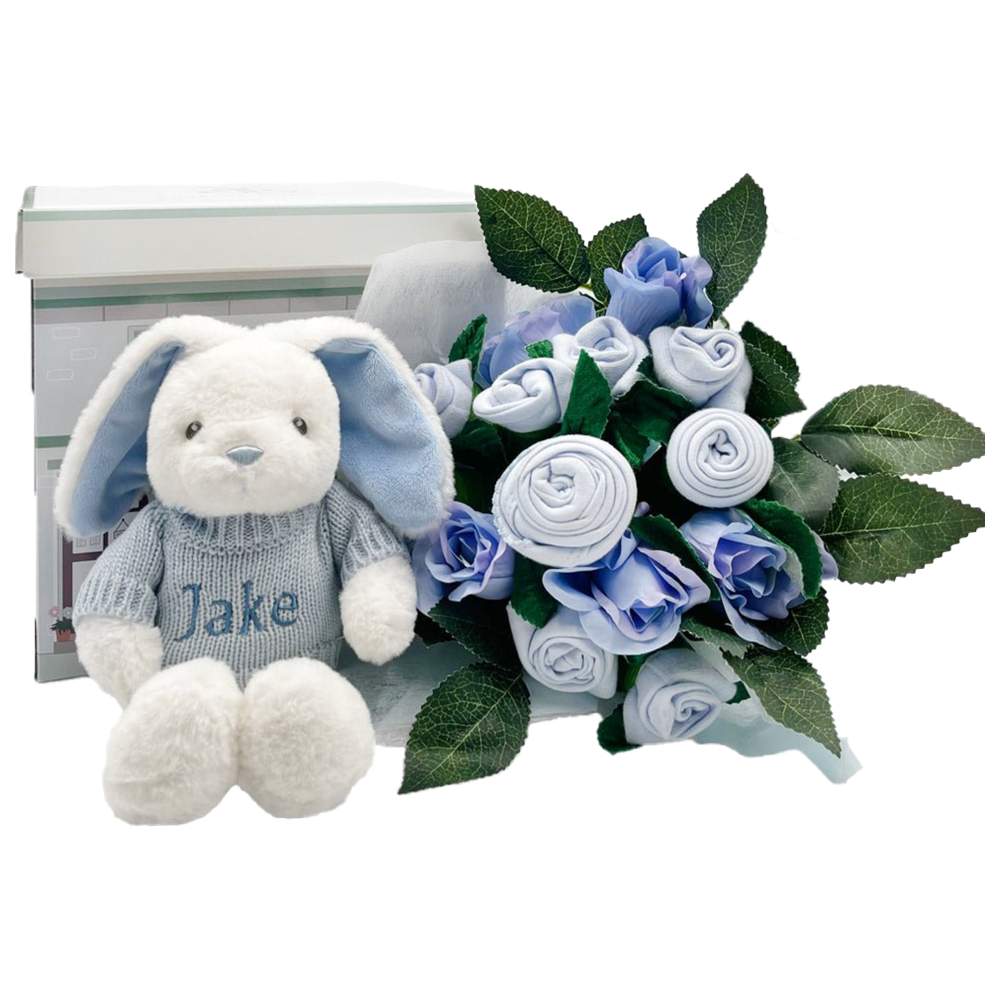 Babyblooms - 8pc-Set - Hand Tied Baby Clothes Bouquet & Personalised Bunny - Blue
