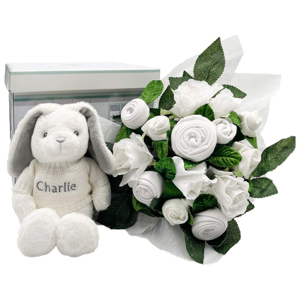 Babyblooms - 8pc-Set - Hand Tied Baby Clothes Bouquet & Personalised Bunny - White