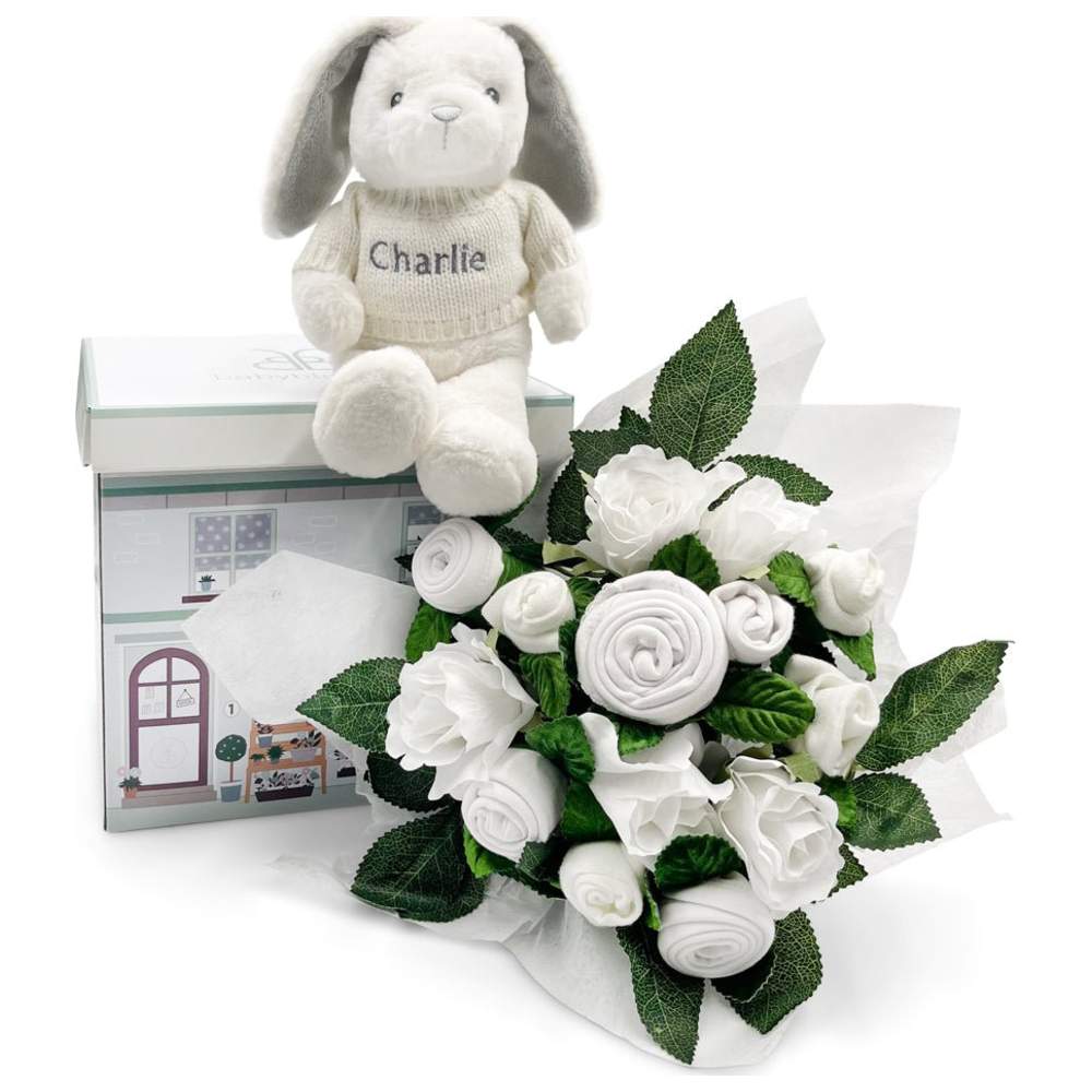 Babyblooms - 8pc-Set - Hand Tied Baby Clothes Bouquet & Personalised Bunny - White