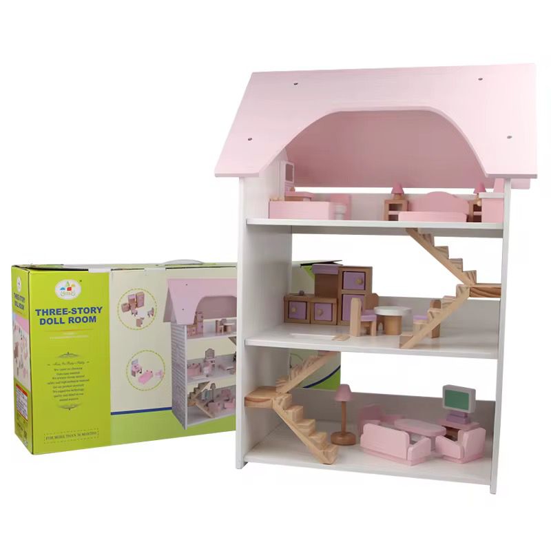 Maxims Baby Store - Three Story Wooden Doll Room Playset - Pink/White - 16 Pcs