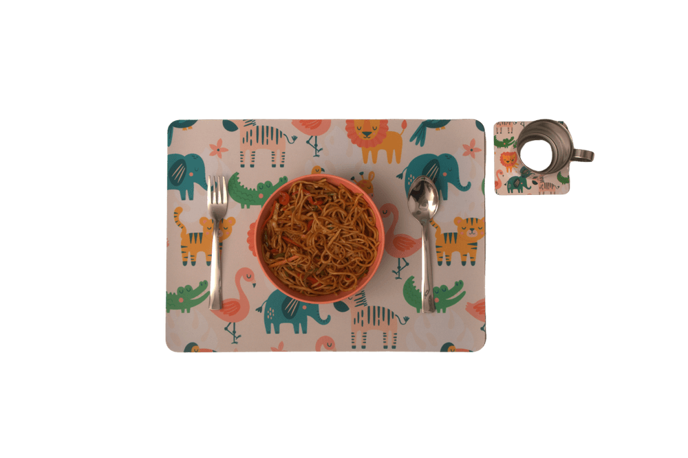 Tiny Tots Animal Safari Rubber Placemat, Coaster & Cutlery - 3pc Set