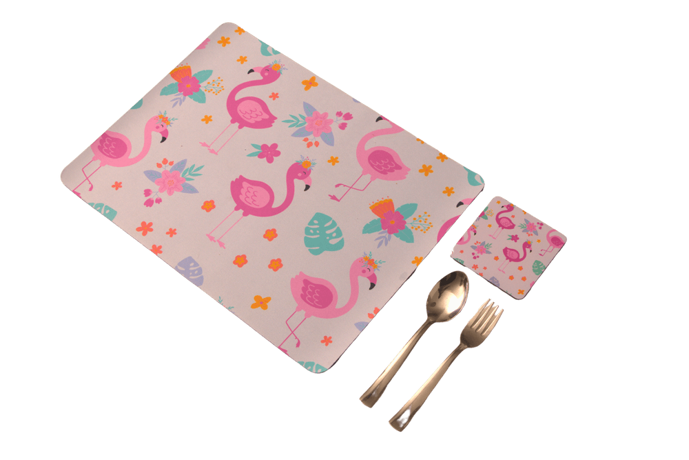 Tiny Tots Flamingo Rubber Placemat, Coaster & Cutlery - 3pc Set