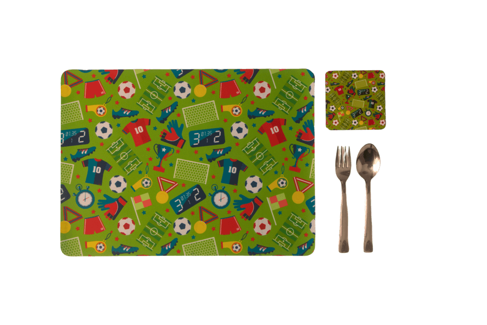 Tiny Tots Football Rubber Placemat, Coaster & Cutlery - 3pc Set